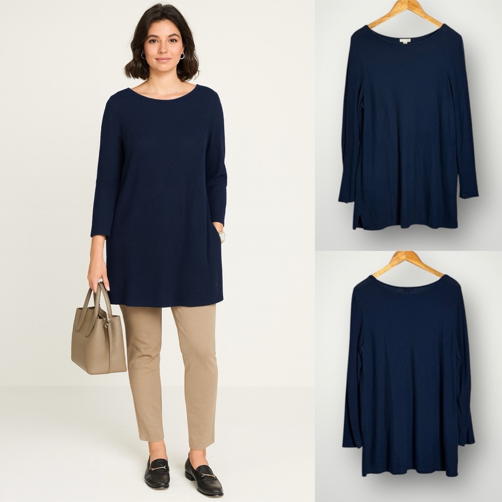 J Jill Long Sleeve Waffle Knit Tunic Top Womens Size Medium Wide Neck Navy Blue